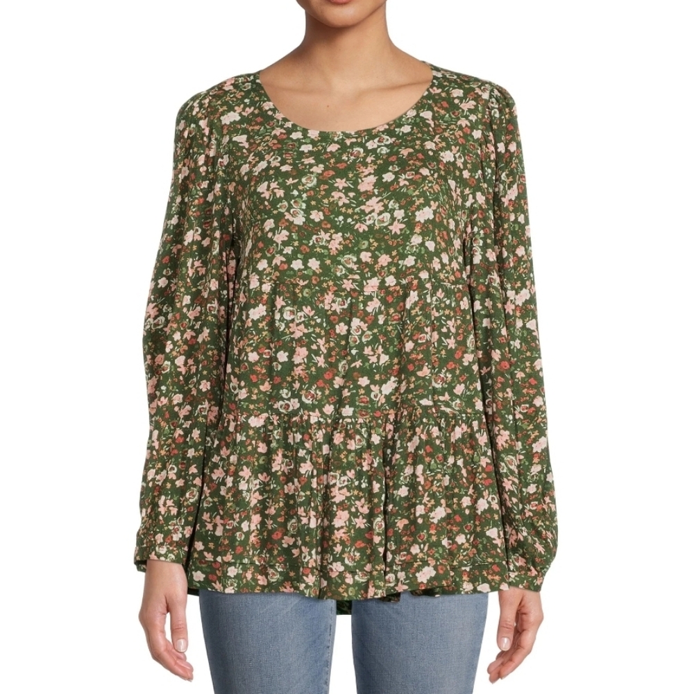 (3/$25) Time and Tru Olive Green Floral Tiered Peplum Top | Long Sleeve Size XXL